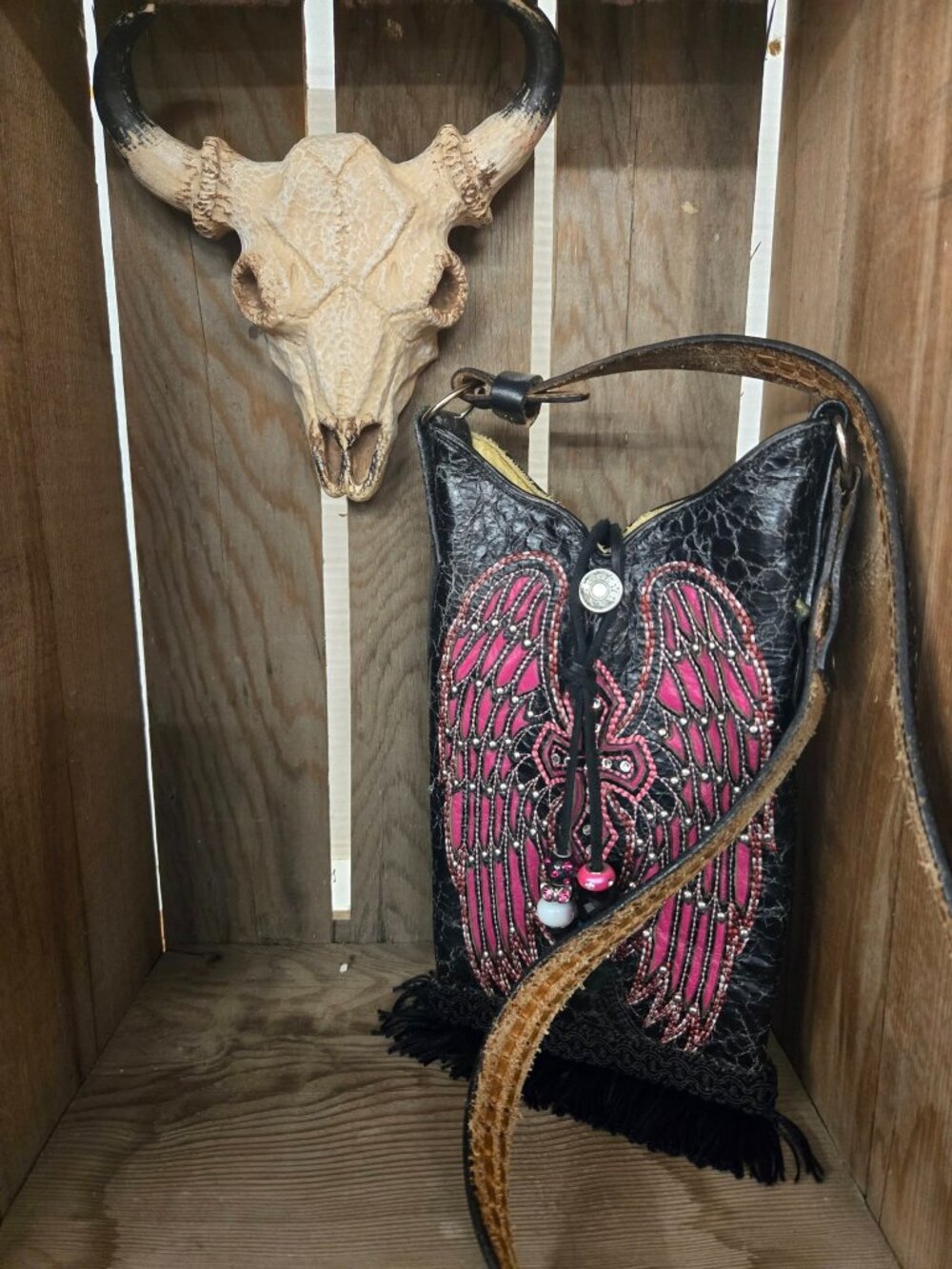 custom made vintage authentic cowboy boot purse bag lace belt strap cross wings